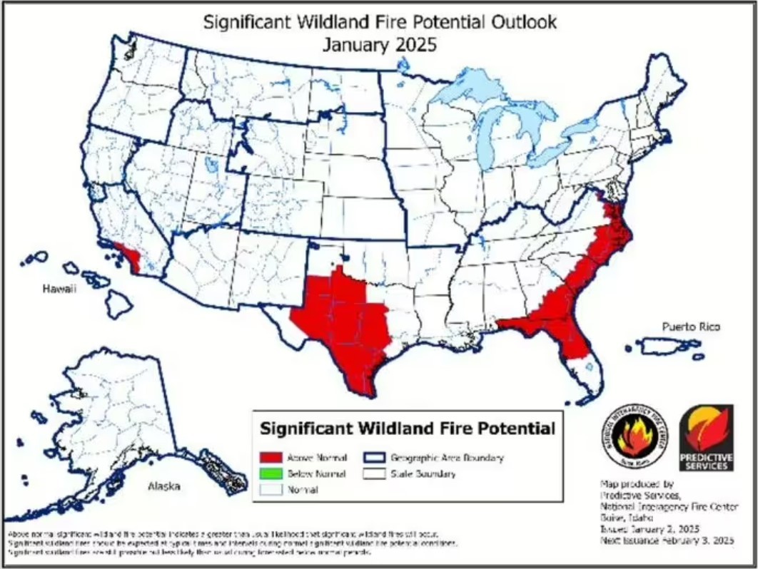 Wildfire Maps Predict Danger Zones Across the U.S. from January to April 2025